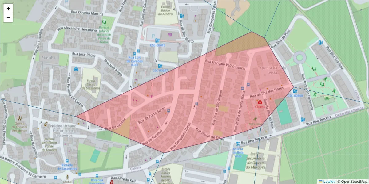 Mapa detalhado do código postal 2775-368 com limites, códigos postais vizinhos e agências dos correios