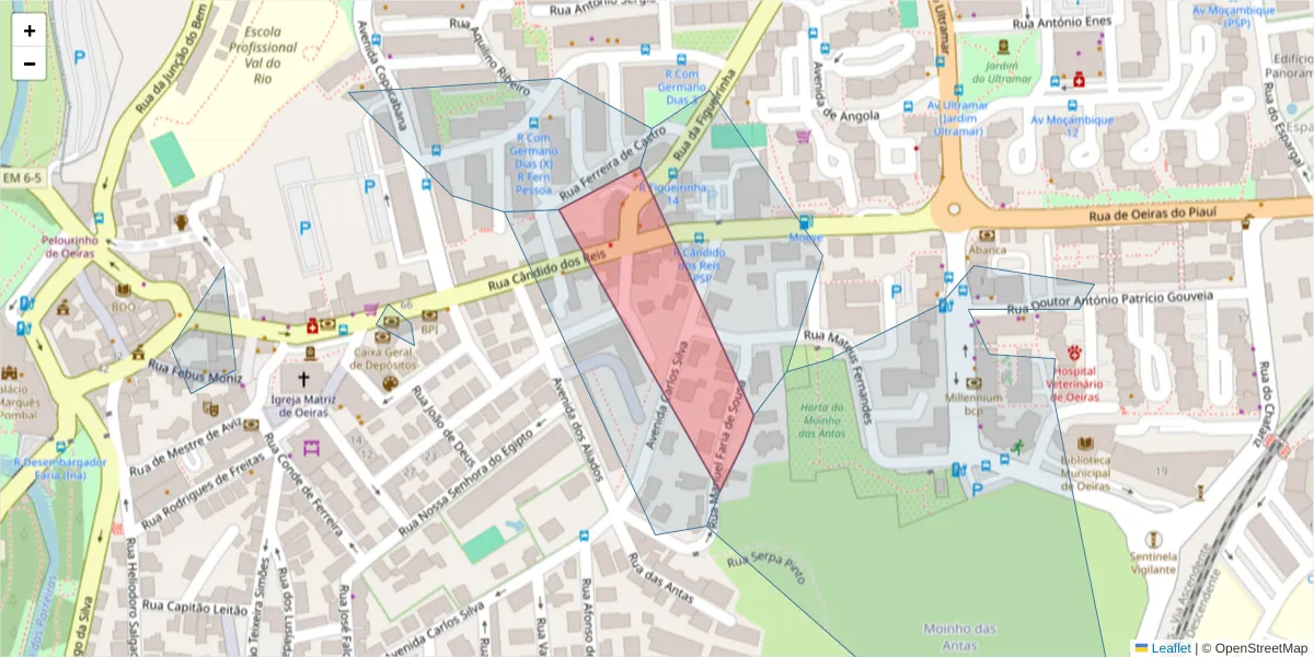 Mapa detalhado do código postal 2780-015 com limites, códigos postais vizinhos e agências dos correios