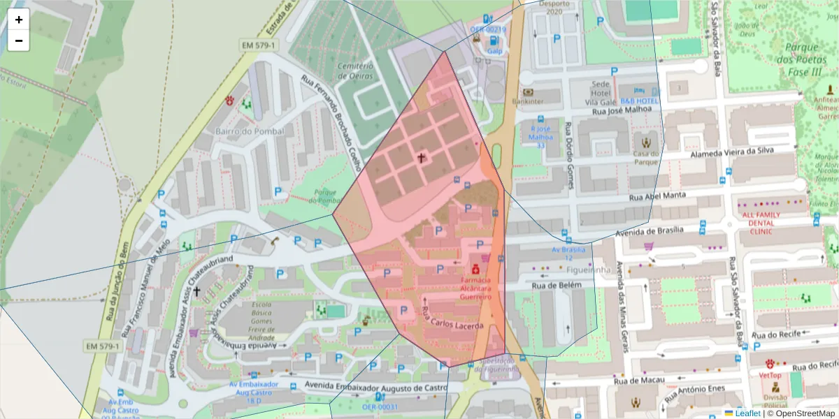 Mapa detalhado do código postal 2780-016 com limites, códigos postais vizinhos e agências dos correios