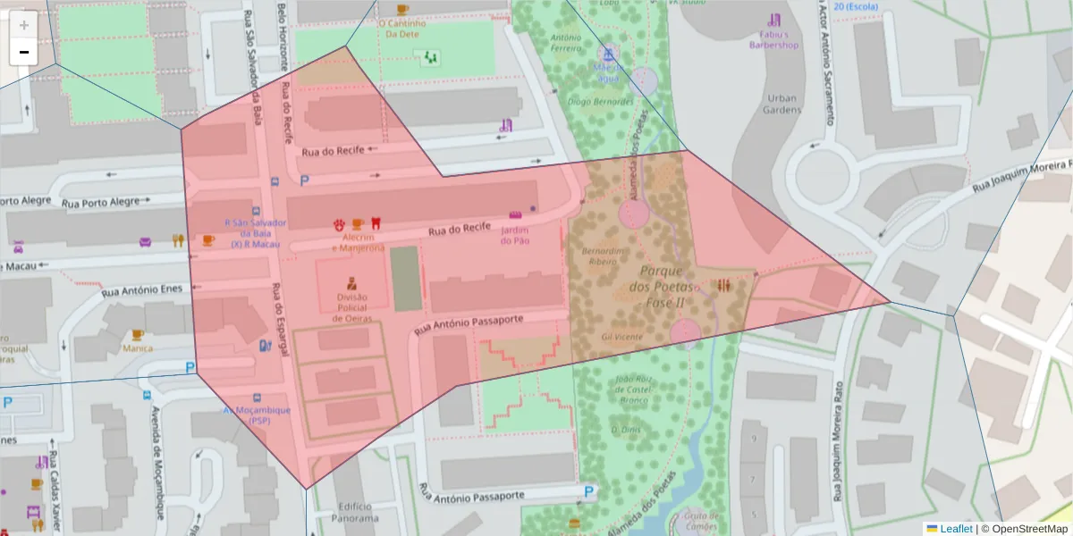 Mapa detalhado do código postal 2780-034 com limites, códigos postais vizinhos e agências dos correios