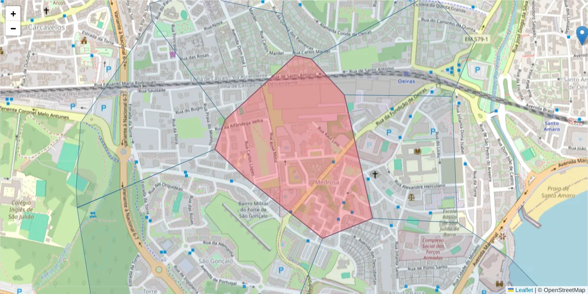 Mapa detalhado do código postal 2780-052 com limites, códigos postais vizinhos e agências dos correios