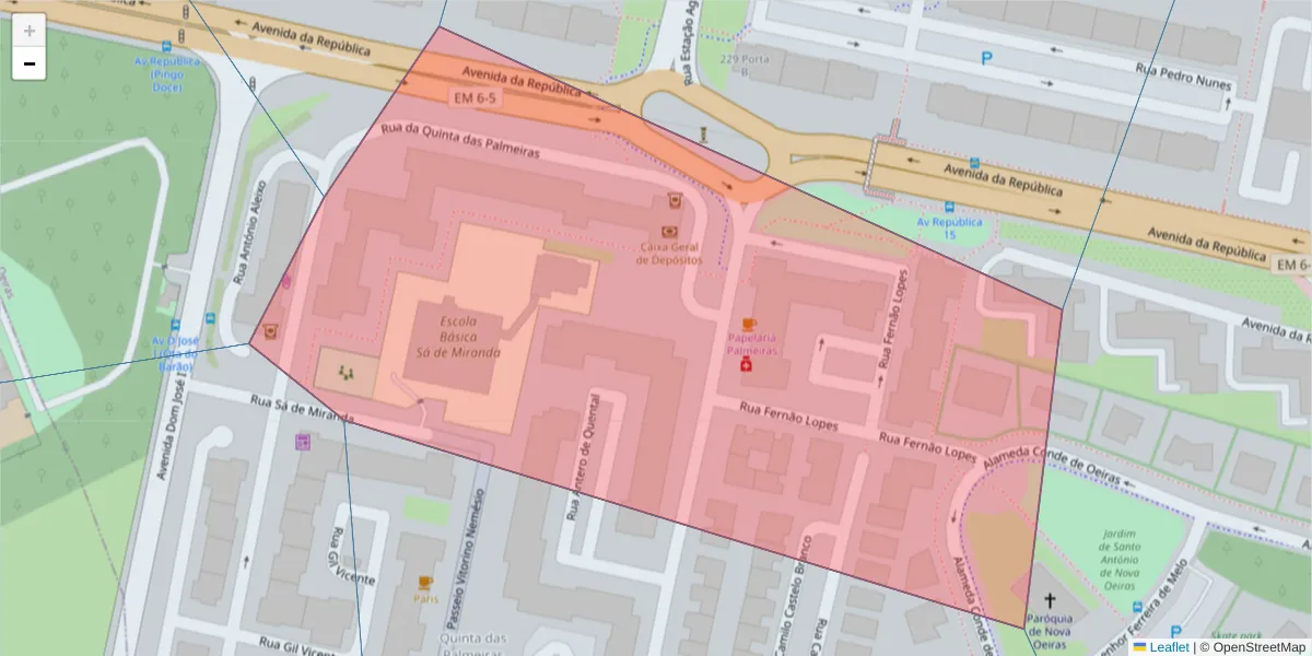 Mapa detalhado do código postal 2780-151 com limites, códigos postais vizinhos e agências dos correios