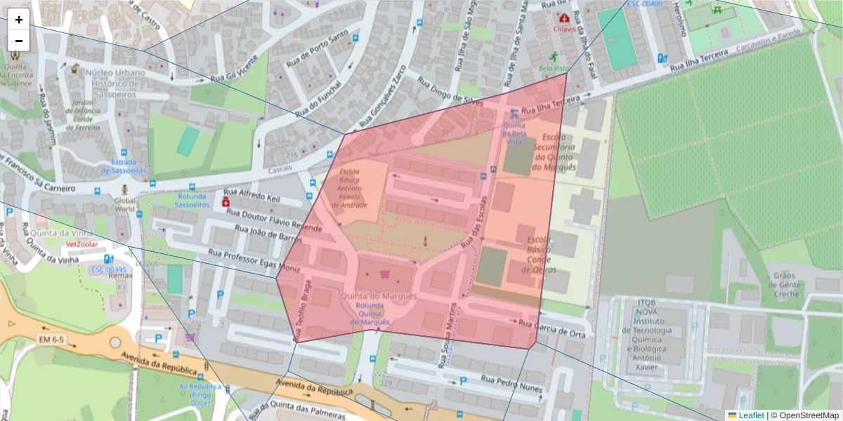 Mapa detalhado do código postal 2780-155 com limites, códigos postais vizinhos e agências dos correios