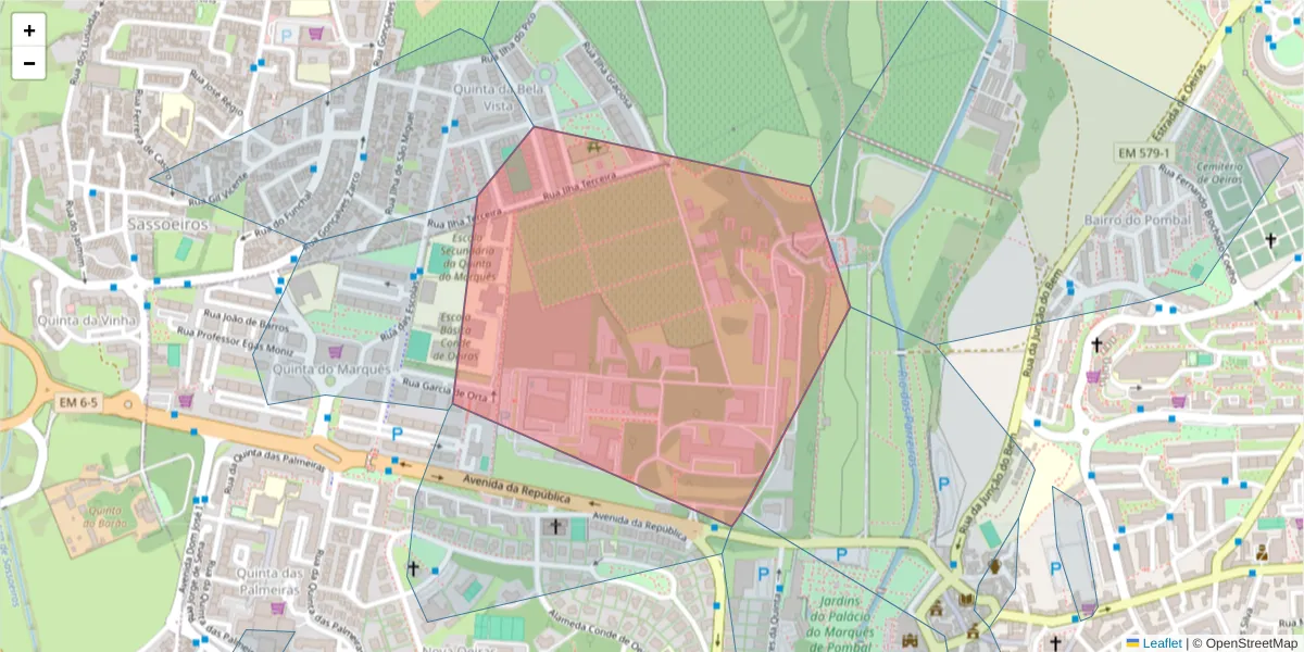 Mapa detalhado do código postal 2780-157 com limites, códigos postais vizinhos e agências dos correios