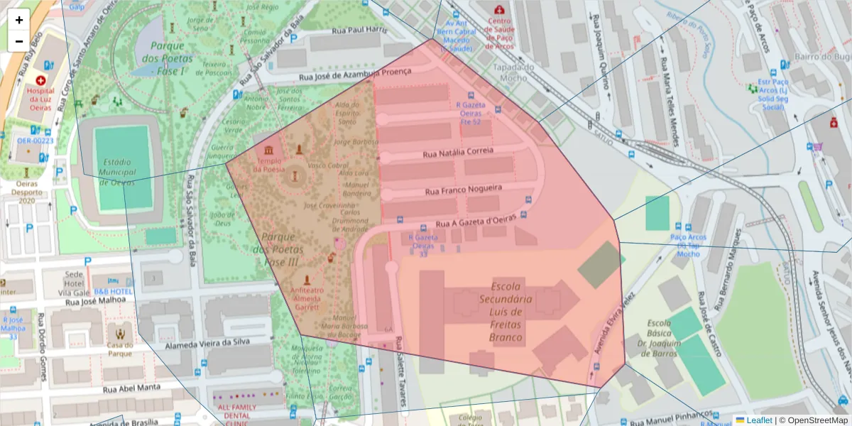 Mapa detalhado do código postal 2780-171 com limites, códigos postais vizinhos e agências dos correios