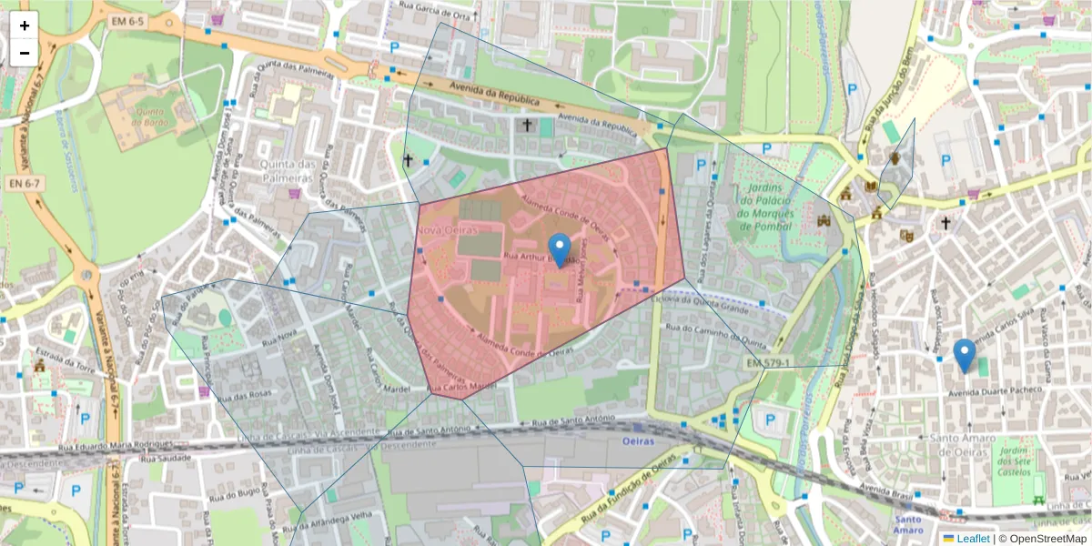 Mapa detalhado do código postal 2780-193 com limites, códigos postais vizinhos e agências dos correios