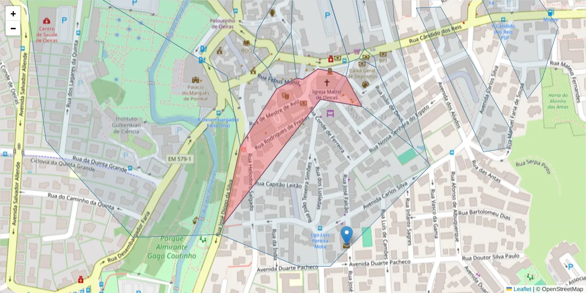 Mapa detalhado do código postal 2780-225 com limites, códigos postais vizinhos e agências dos correios