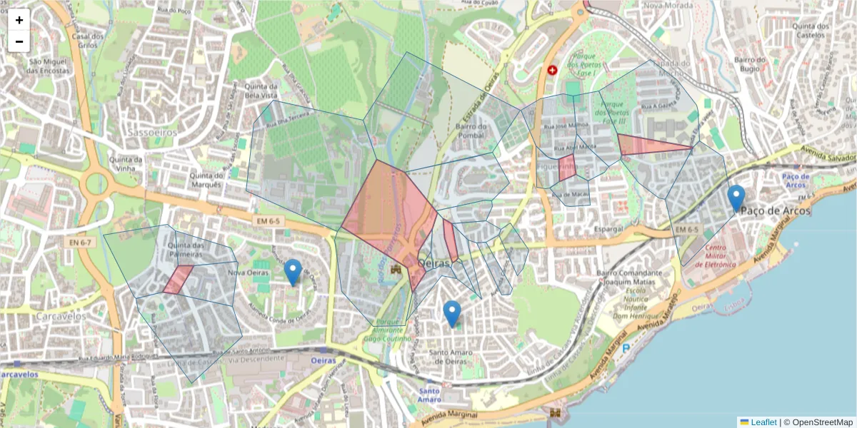 Mapa detalhado do código postal 2780 com limites, códigos postais vizinhos e agências dos correios
