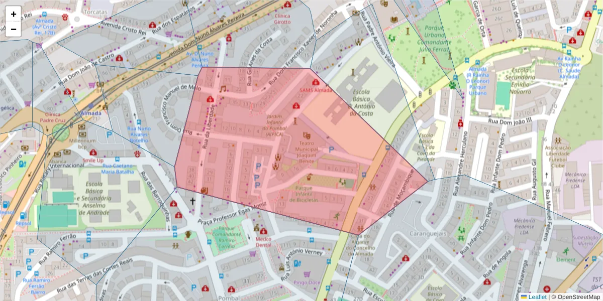 Mapa detalhado do código postal 2800-065 com limites, códigos postais vizinhos e agências dos correios