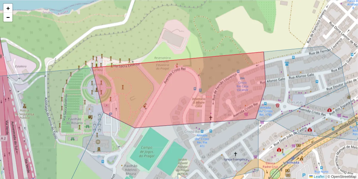 Mapa detalhado do código postal 2800-071 com limites, códigos postais vizinhos e agências dos correios
