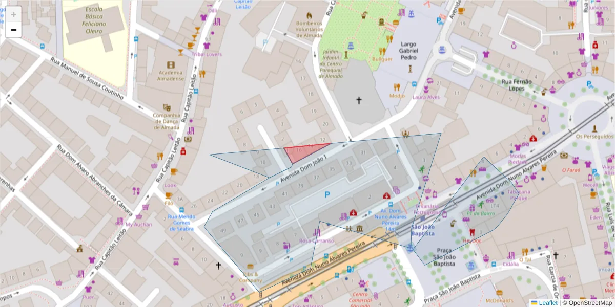 Mapa detalhado do código postal 2800-112 com limites, códigos postais vizinhos e agências dos correios