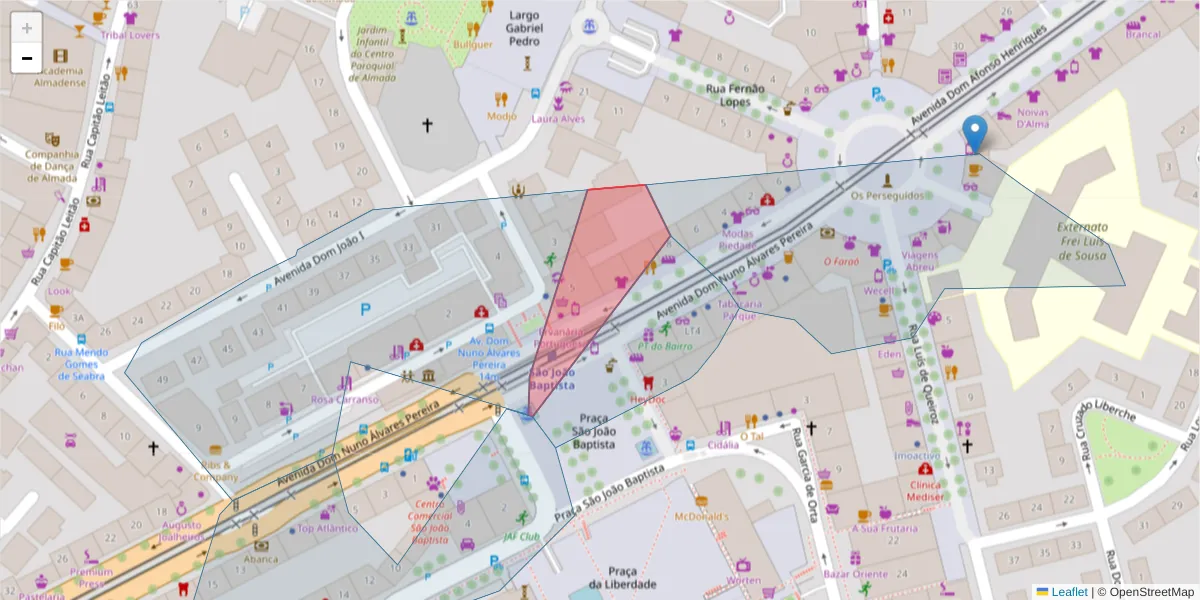 Mapa detalhado do código postal 2800-174 com limites, códigos postais vizinhos e agências dos correios