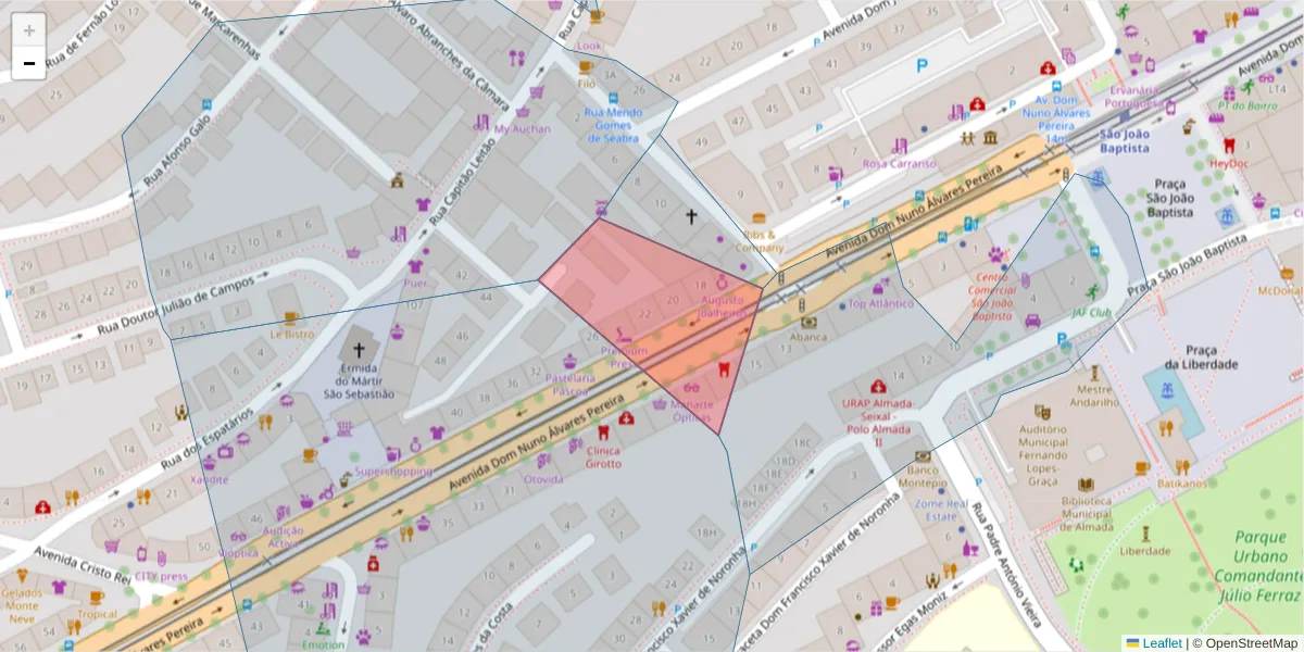 Mapa detalhado do código postal 2800-175 com limites, códigos postais vizinhos e agências dos correios