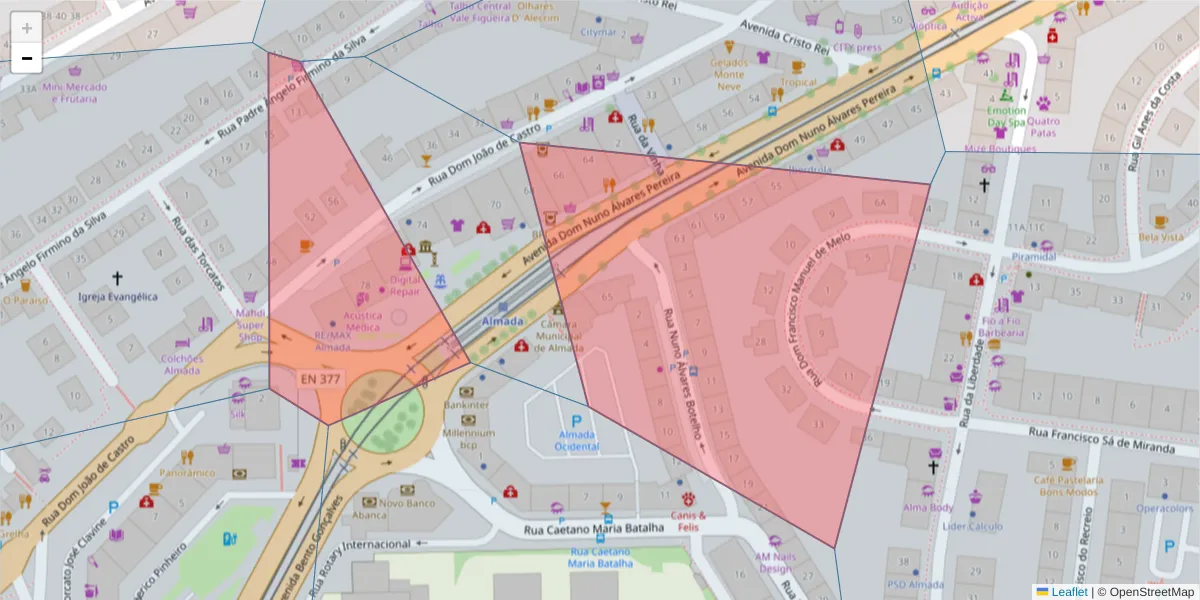 Mapa detalhado do código postal 2800-177 com limites, códigos postais vizinhos e agências dos correios