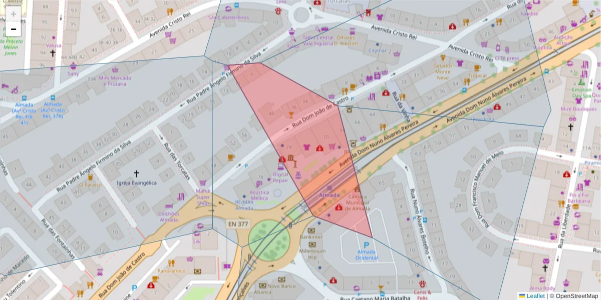 Mapa detalhado do código postal 2800-181 com limites, códigos postais vizinhos e agências dos correios