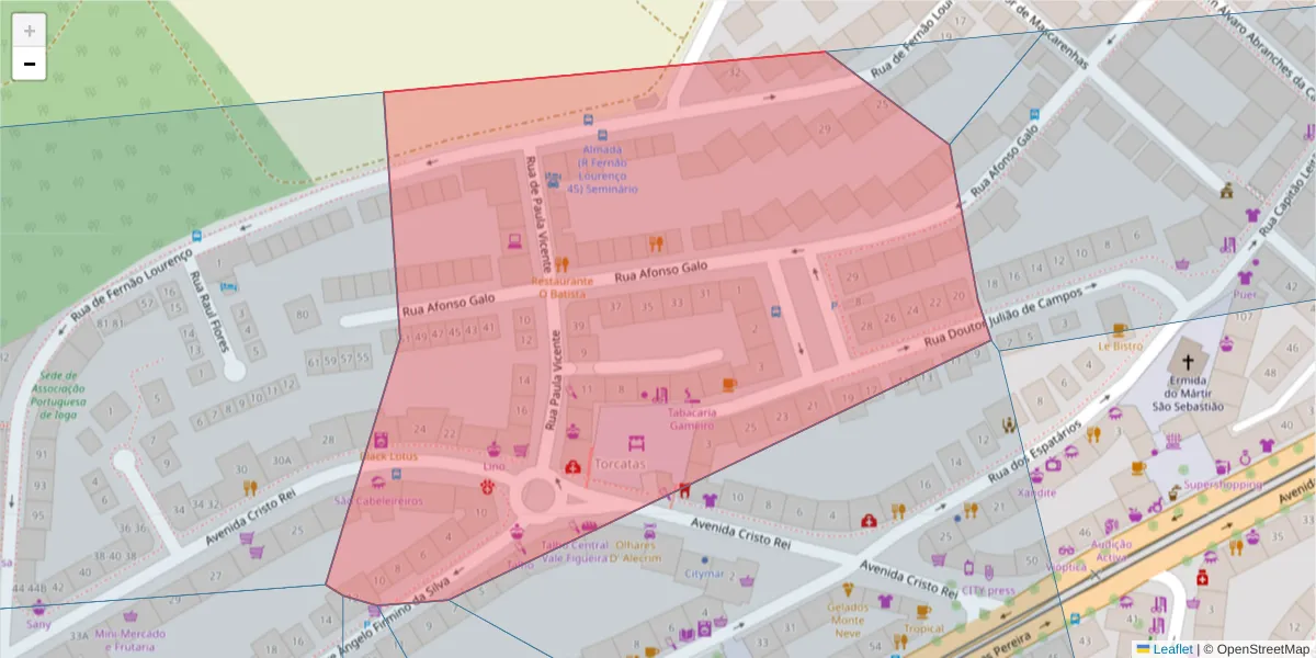 Mapa detalhado do código postal 2800-185 com limites, códigos postais vizinhos e agências dos correios