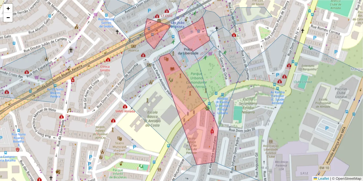 Mapa detalhado do código postal 2800-199 com limites, códigos postais vizinhos e agências dos correios