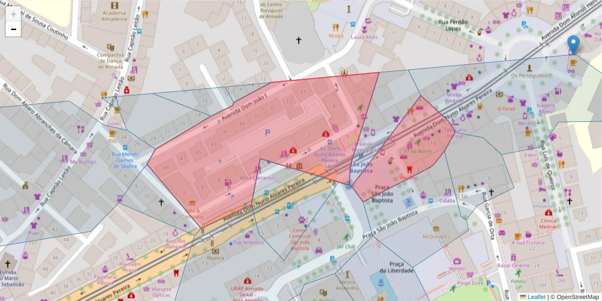 Mapa detalhado do código postal 2800-201 com limites, códigos postais vizinhos e agências dos correios