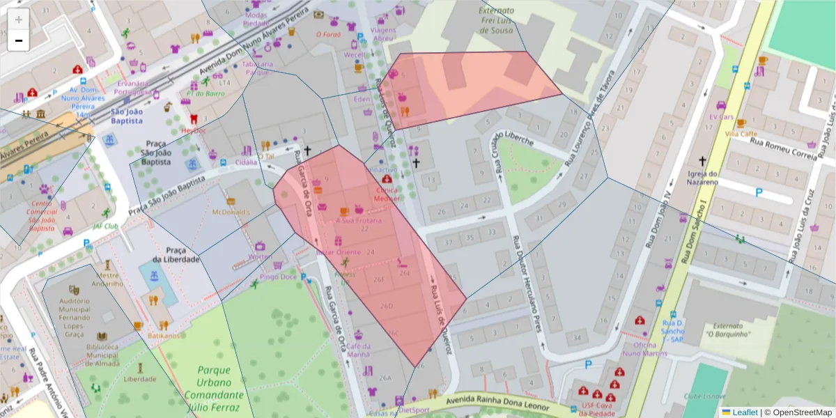 Mapa detalhado do código postal 2800-299 com limites, códigos postais vizinhos e agências dos correios