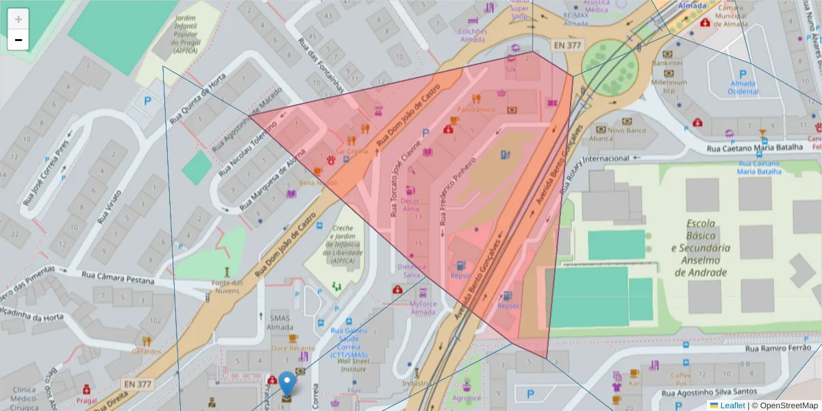 Mapa detalhado do código postal 2800-689 com limites, códigos postais vizinhos e agências dos correios
