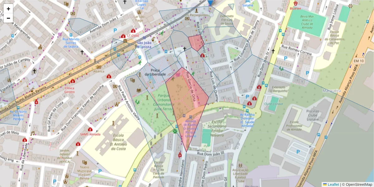 Mapa detalhado do código postal 2800-698 com limites, códigos postais vizinhos e agências dos correios