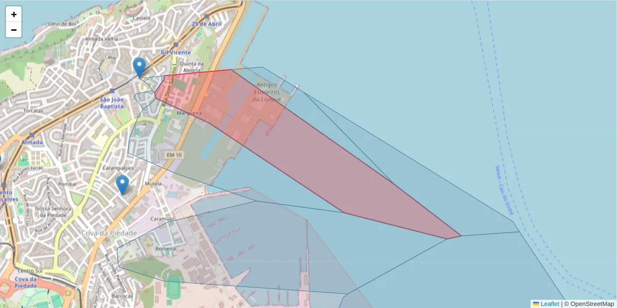 Mapa detalhado do código postal 2800-712 com limites, códigos postais vizinhos e agências dos correios