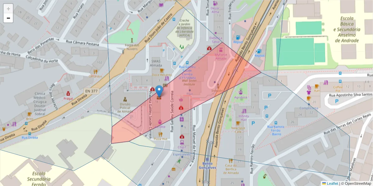 Mapa detalhado do código postal 2800-996 com limites, códigos postais vizinhos e agências dos correios
