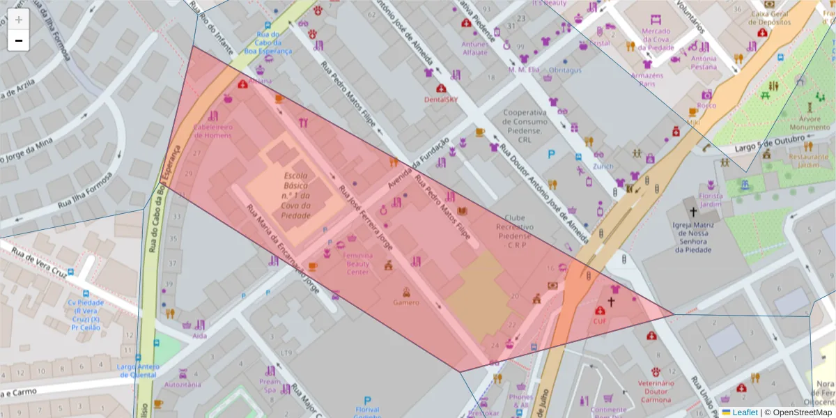 Mapa detalhado do código postal 2805-104 com limites, códigos postais vizinhos e agências dos correios