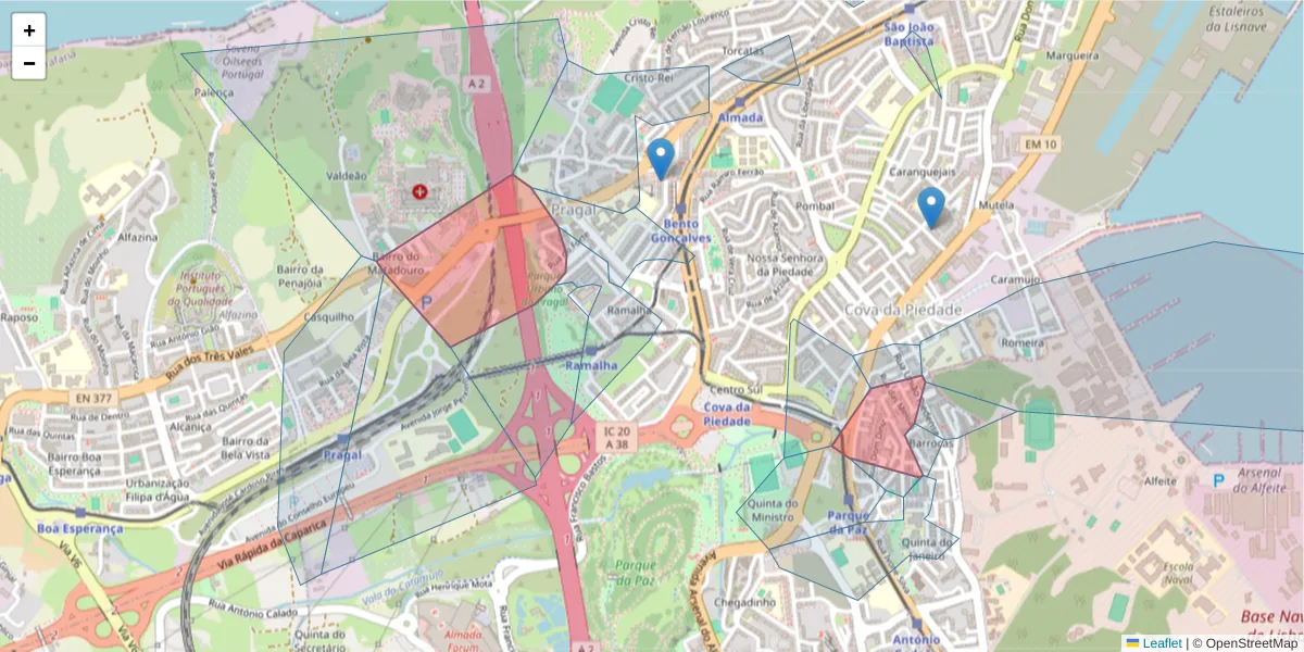 Mapa detalhado do código postal 2805-131 com limites, códigos postais vizinhos e agências dos correios