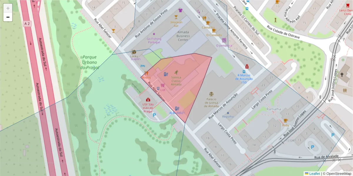 Mapa detalhado do código postal 2805-312 com limites, códigos postais vizinhos e agências dos correios
