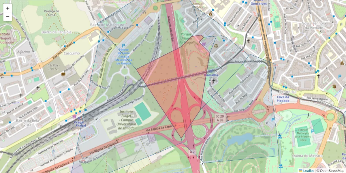Mapa detalhado do código postal 2805-313 com limites, códigos postais vizinhos e agências dos correios