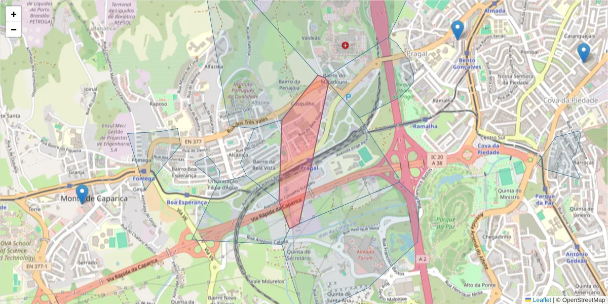 Mapa detalhado do código postal 2805-337 com limites, códigos postais vizinhos e agências dos correios