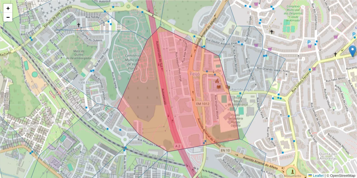 Mapa detalhado do código postal 2810-000 com limites, códigos postais vizinhos e agências dos correios