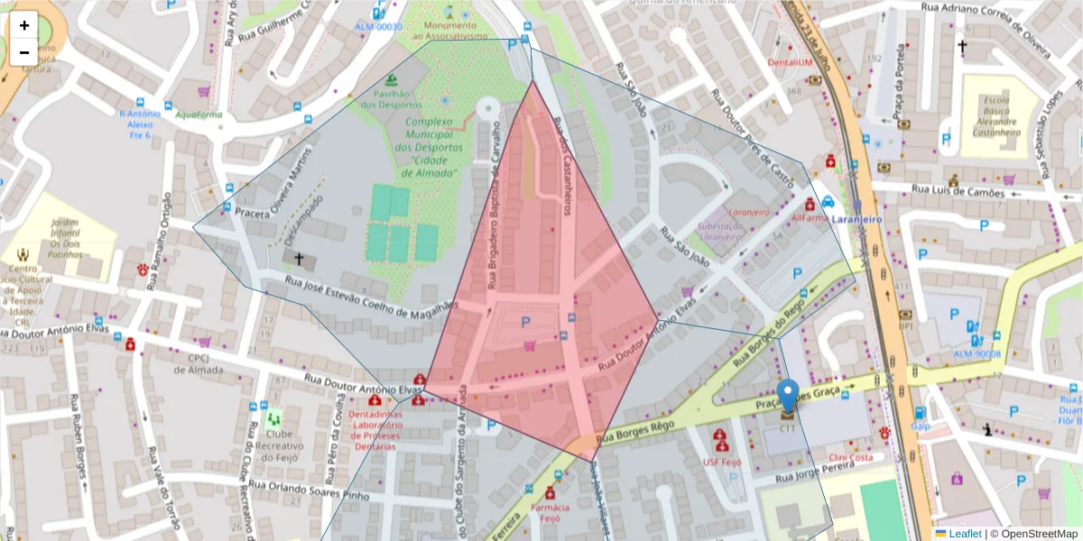 Mapa detalhado do código postal 2810-035 com limites, códigos postais vizinhos e agências dos correios