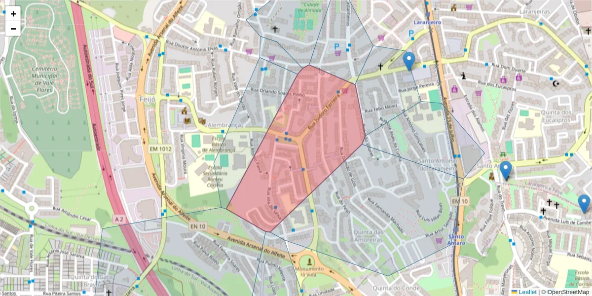 Mapa detalhado do código postal 2810-045 com limites, códigos postais vizinhos e agências dos correios