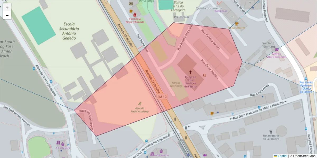 Mapa detalhado do código postal 2810-146 com limites, códigos postais vizinhos e agências dos correios