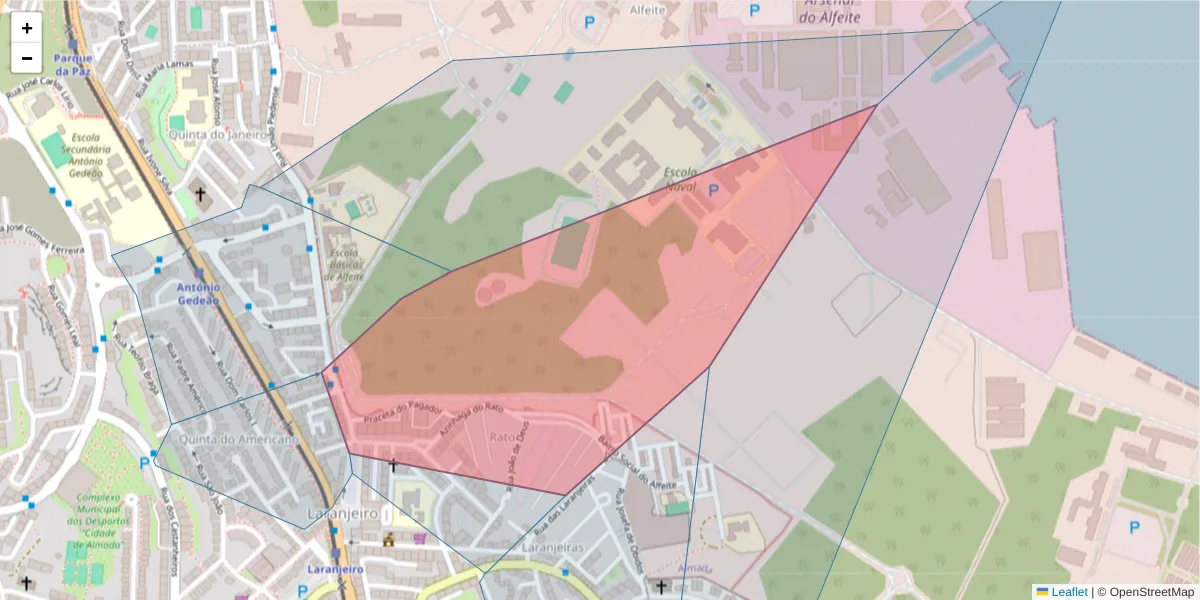 Mapa detalhado do código postal 2810-149 com limites, códigos postais vizinhos e agências dos correios