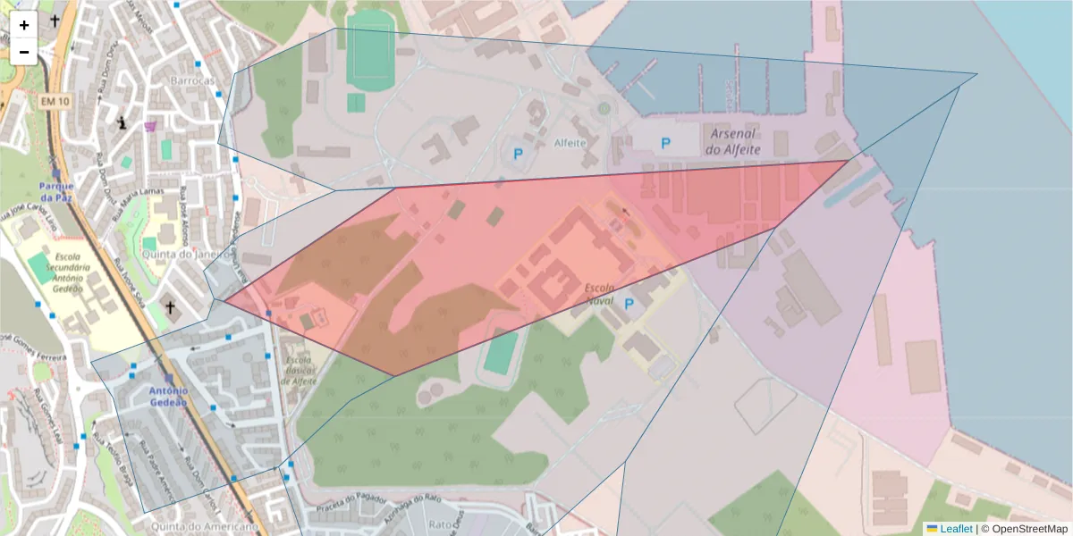 Mapa detalhado do código postal 2810-154 com limites, códigos postais vizinhos e agências dos correios