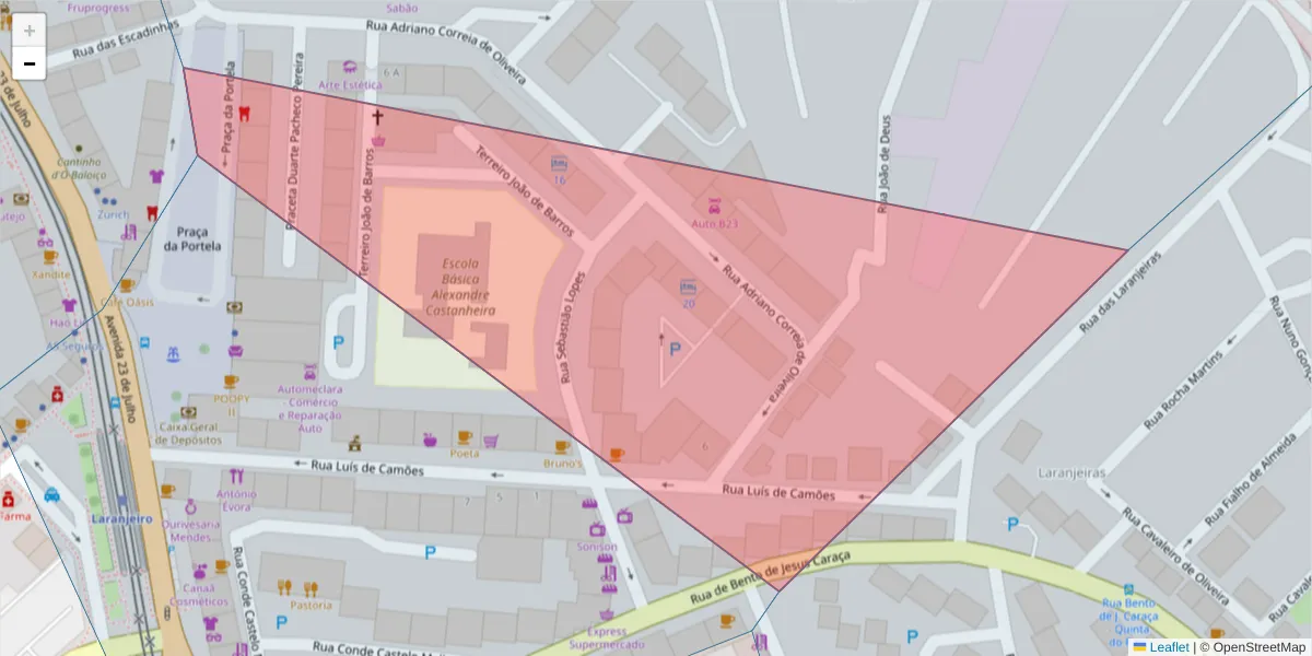 Mapa detalhado do código postal 2810-232 com limites, códigos postais vizinhos e agências dos correios