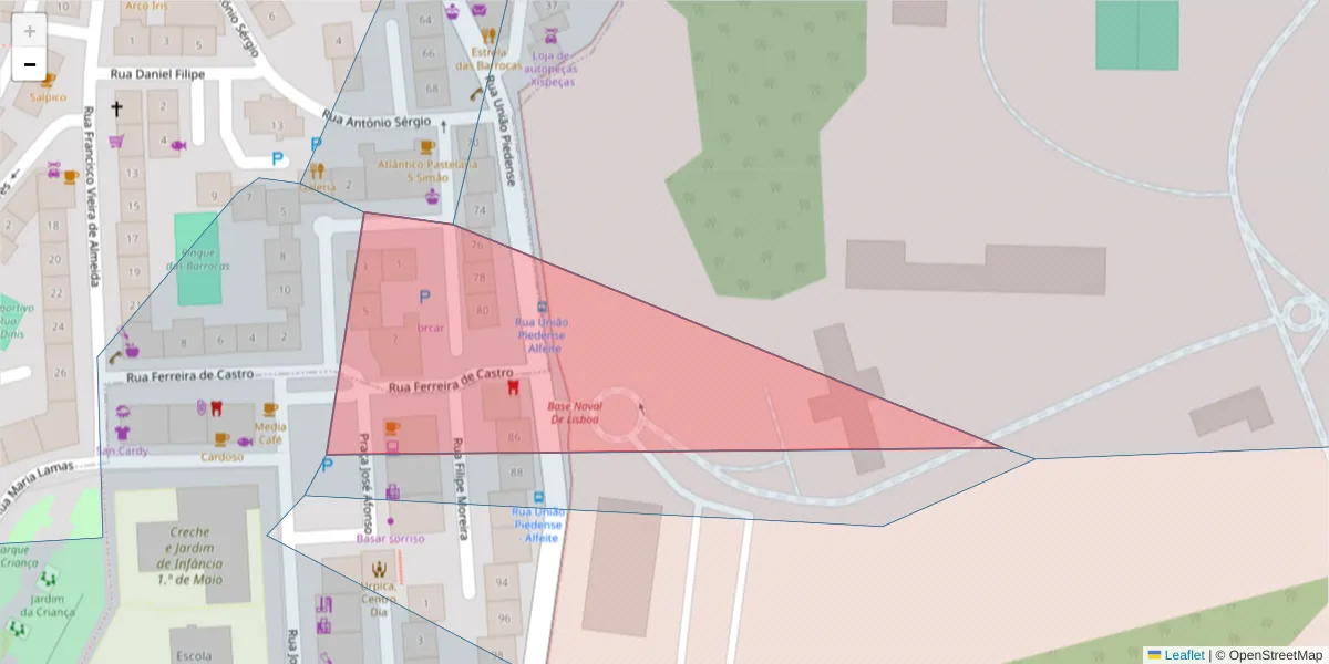 Mapa detalhado do código postal 2810-236 com limites, códigos postais vizinhos e agências dos correios
