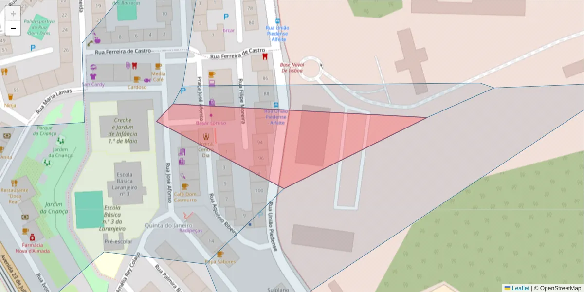 Mapa detalhado do código postal 2810-237 com limites, códigos postais vizinhos e agências dos correios