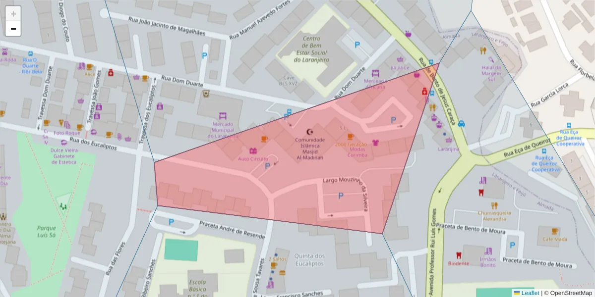 Mapa detalhado do código postal 2810-263 com limites, códigos postais vizinhos e agências dos correios