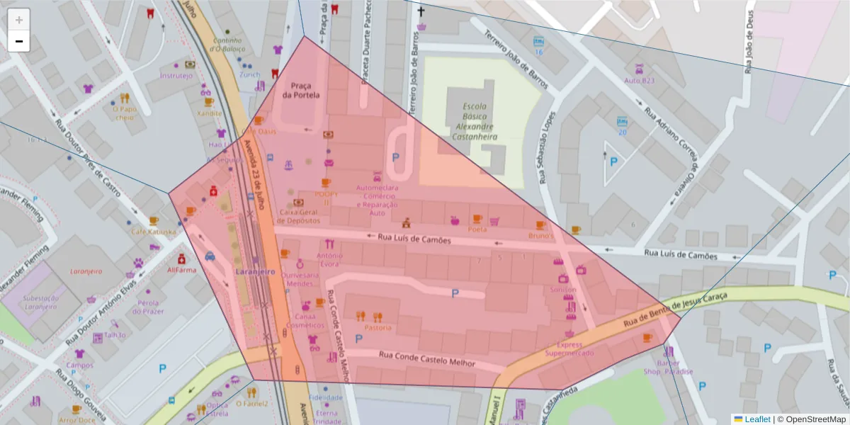 Mapa detalhado do código postal 2810-270 com limites, códigos postais vizinhos e agências dos correios