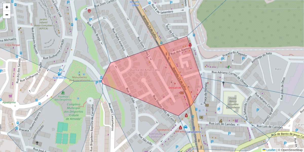 Mapa detalhado do código postal 2810-288 com limites, códigos postais vizinhos e agências dos correios