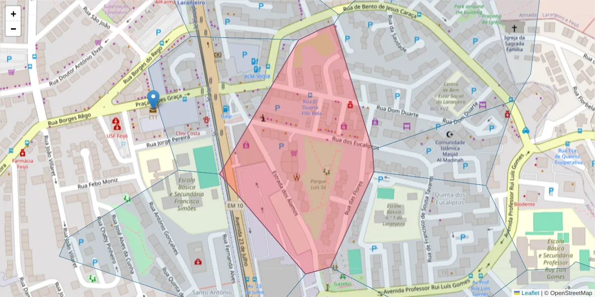 Mapa detalhado do código postal 2810-371 com limites, códigos postais vizinhos e agências dos correios