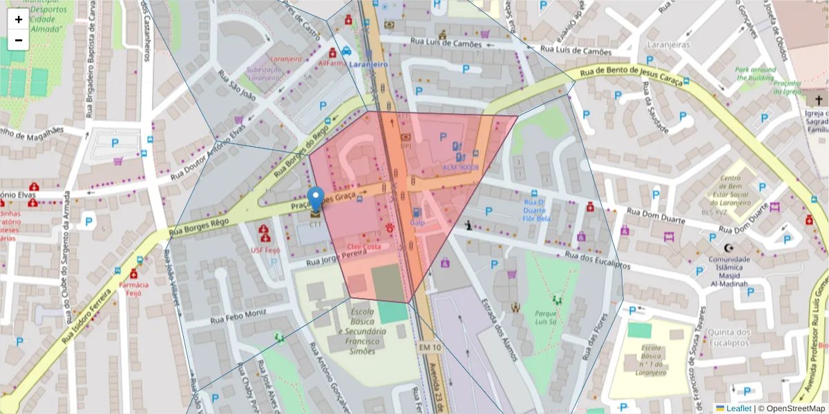 Mapa detalhado do código postal 2810-436 com limites, códigos postais vizinhos e agências dos correios