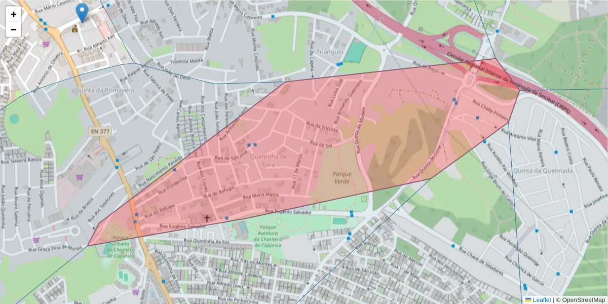 Mapa detalhado do código postal 2815-201 com limites, códigos postais vizinhos e agências dos correios