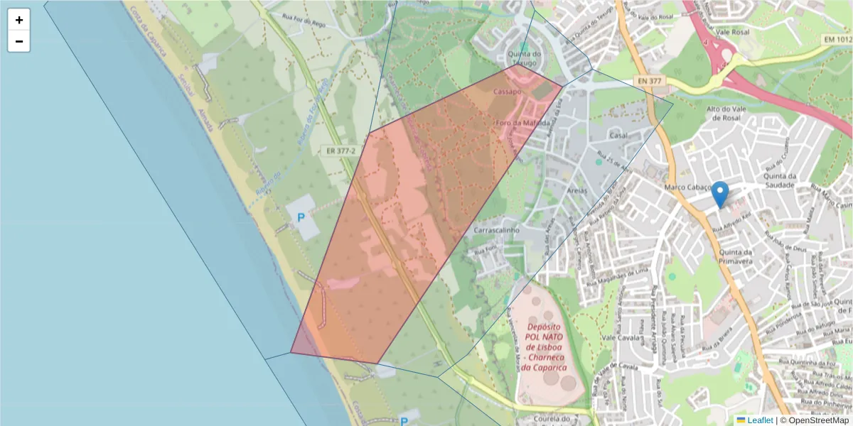 Mapa detalhado do código postal 2815-279 com limites, códigos postais vizinhos e agências dos correios