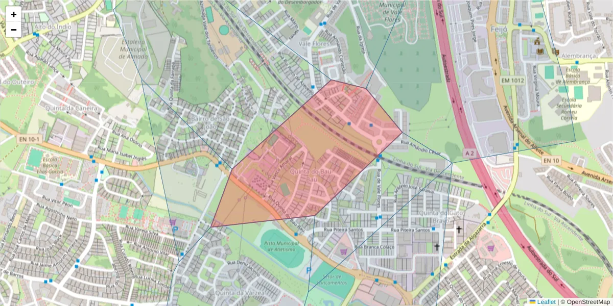 Mapa detalhado do código postal 2815-676 com limites, códigos postais vizinhos e agências dos correios