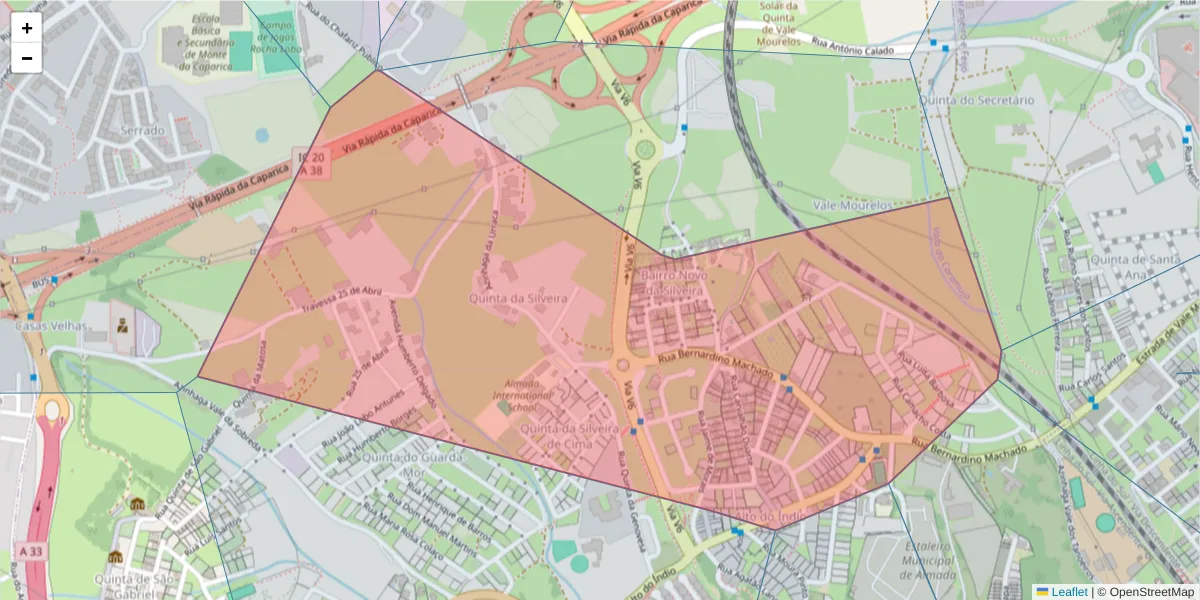 Mapa detalhado do código postal 2815-713 com limites, códigos postais vizinhos e agências dos correios
